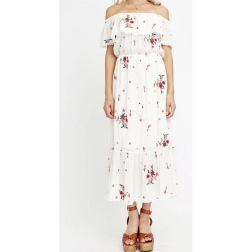 Lost + Wander White Floral‎ Embroidered Off Shoulder Maxi Dress Boho Tassel Sz S